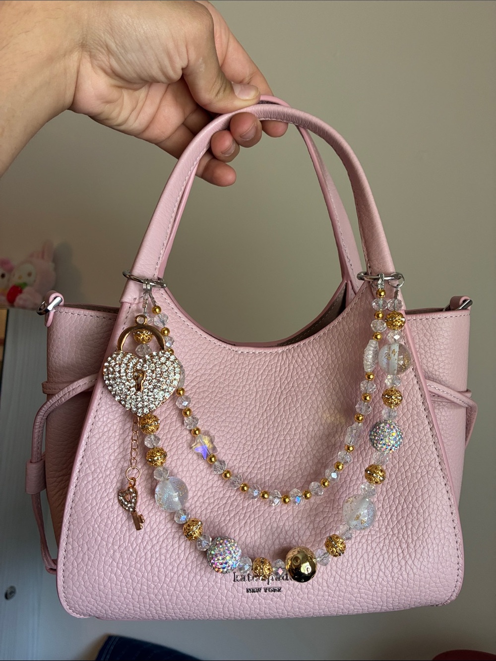 Crystal & Gold Beaded Heart Lock Keychain Charm Double Layer Bag Chain